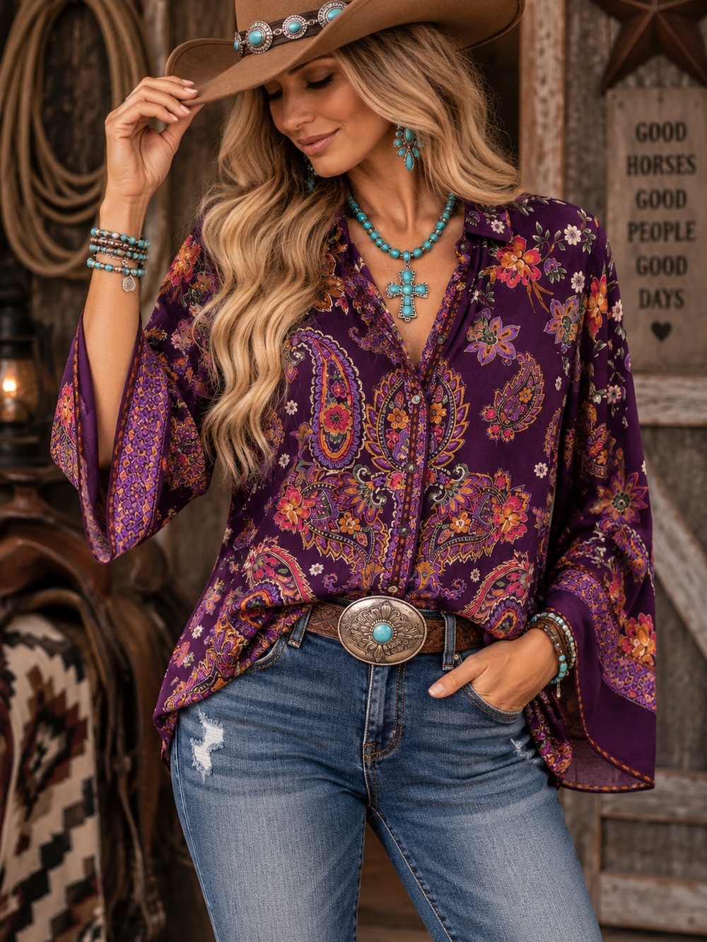 Johnny Was Purple Paisley Floral Button Front Blouse Size S Boho